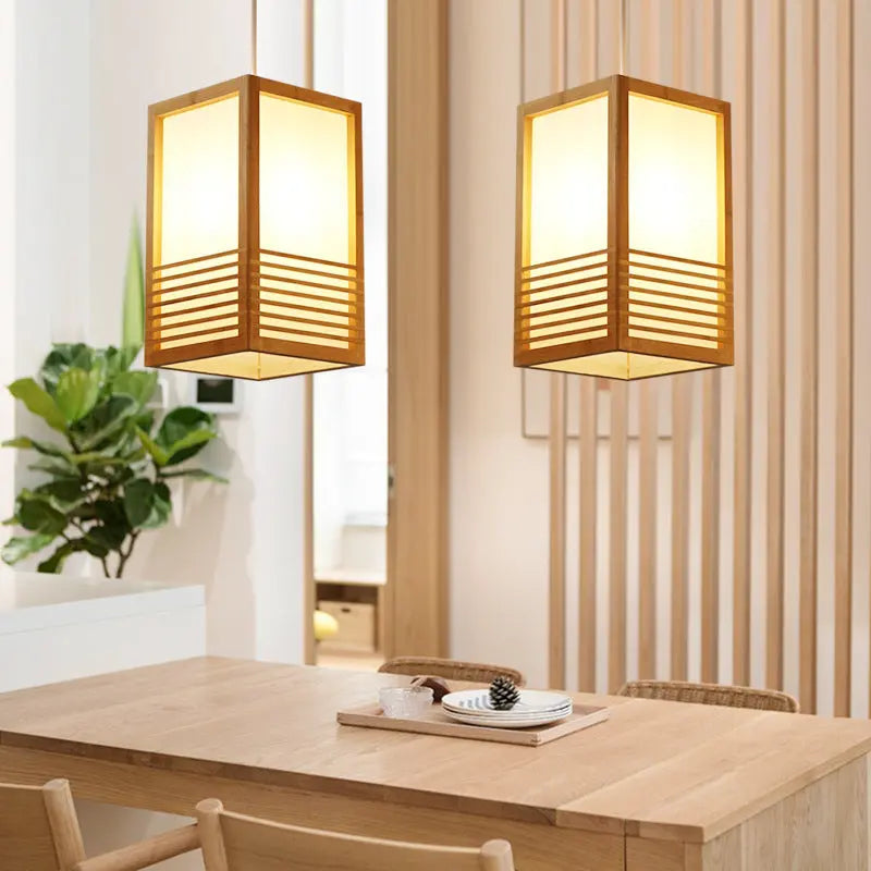 Traditional Japanese Rectangular Hand-woven Nan Bamboo 1-light Pendant Light for Living Room BulbSquare