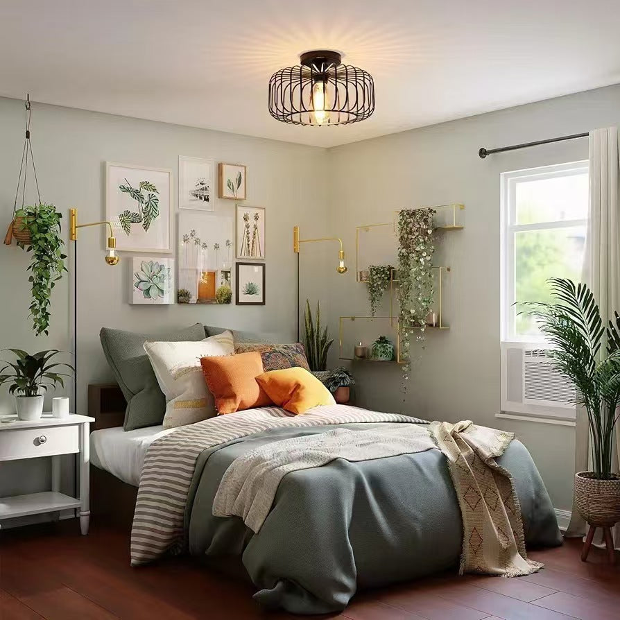 Modern Minimalist Round Line Cage Iron 1-Light Semi-Flush Mount Ceiling Light For Living Room