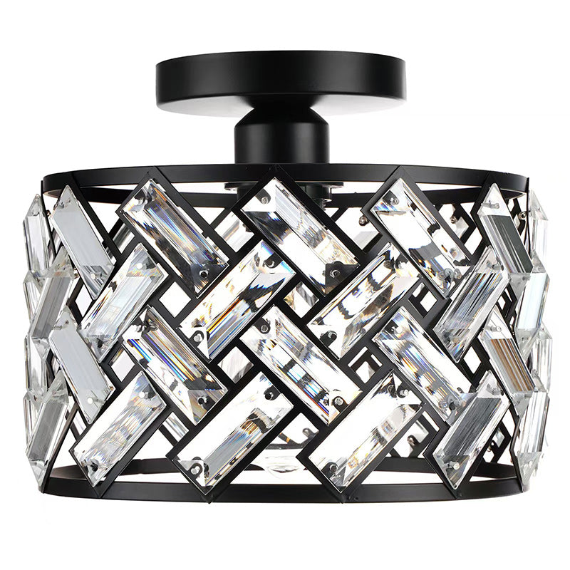 Modern Minimalist Round Aluminum Frame Crystal Shade 1-Light Semi-Flush Mount Ceiling Light For Living Room