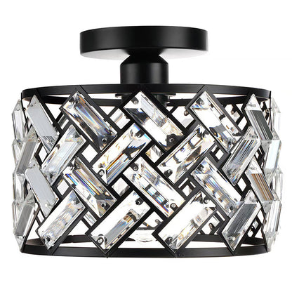 Modern Minimalist Round Aluminum Frame Crystal Shade 1-Light Semi-Flush Mount Ceiling Light For Living Room