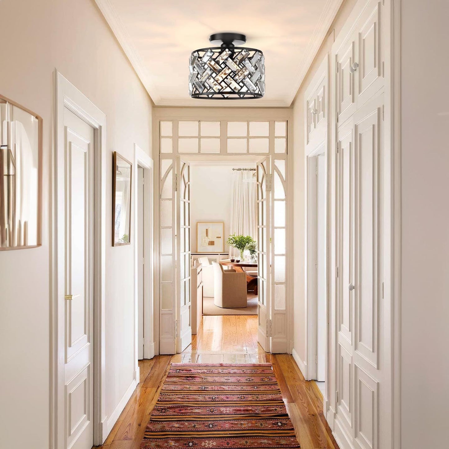 Modern Minimalist Round Aluminum Frame Crystal Shade 1-Light Semi-Flush Mount Ceiling Light For Living Room