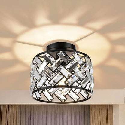 Modern Minimalist Round Aluminum Frame Crystal Shade 1-Light Semi-Flush Mount Ceiling Light For Living Room