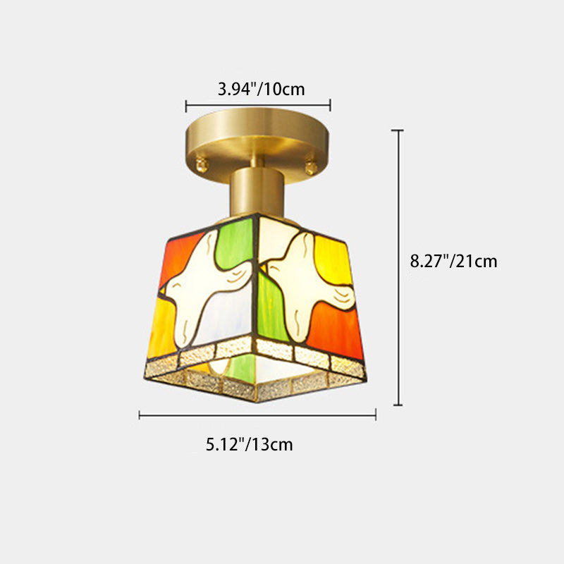 Modern Mid-Century Square Dove Of Peace Full Copper Frame Glass Shade 1-Light Semi-Flush Mount Ceiling Light For Living Room