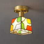 Modern Mid-Century Square Dove Of Peace Full Copper Frame Glass Shade 1-Light Semi-Flush Mount Ceiling Light For Living Room