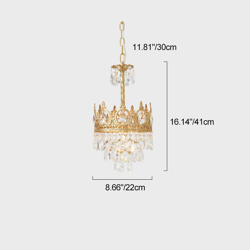 Traditional French Round Crown Diamond Crystal Brass Frame 1-Light Pendant Light For Living Room