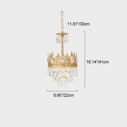 Traditional French Round Crown Diamond Crystal Brass Frame 1-Light Pendant Light For Living Room