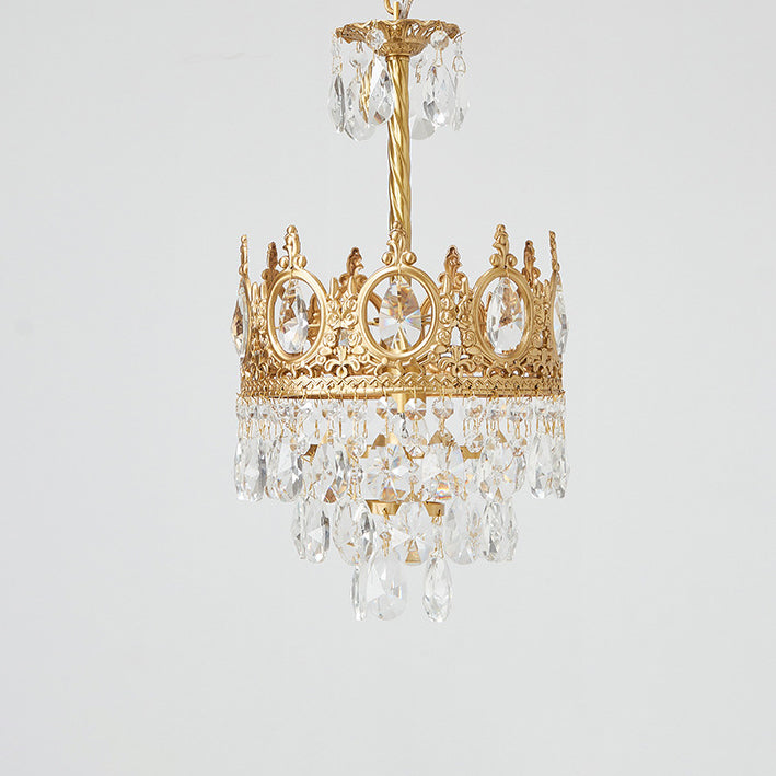 Traditional French Round Crown Diamond Crystal Brass Frame 1-Light Pendant Light For Living Room