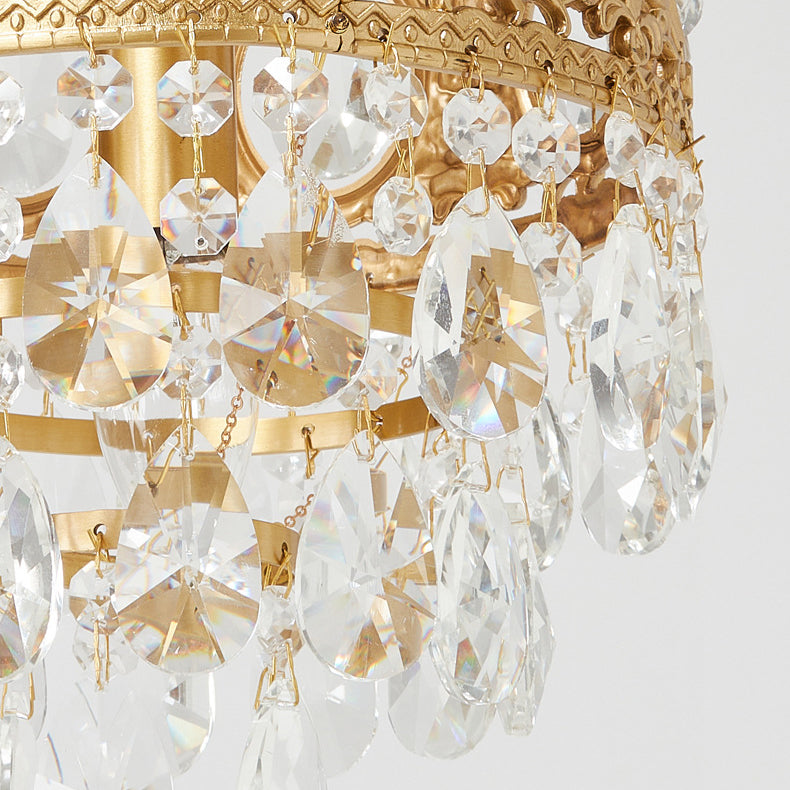 Traditional French Round Crown Diamond Crystal Brass Frame 1-Light Pendant Light For Living Room