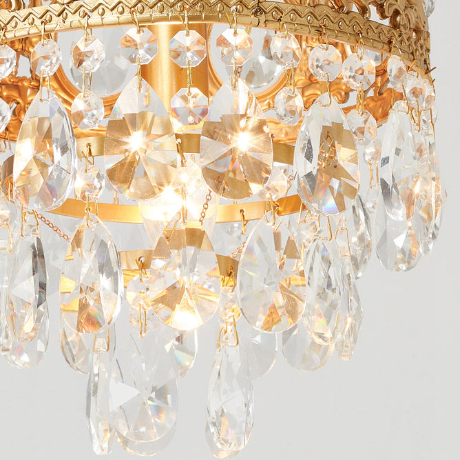 Traditional French Round Crown Diamond Crystal Brass Frame 1-Light Pendant Light For Living Room