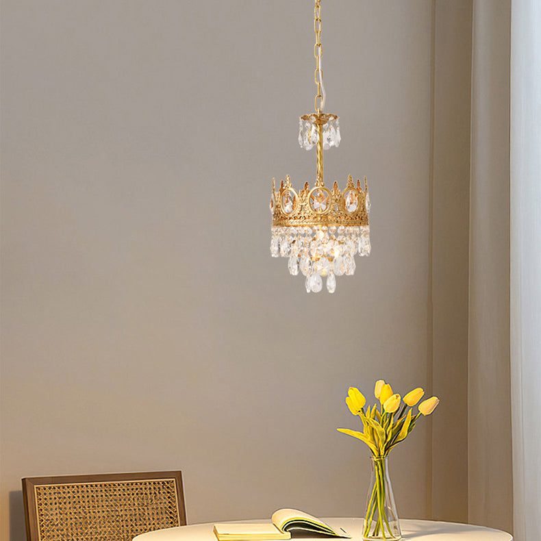 Traditional French Round Crown Diamond Crystal Brass Frame 1-Light Pendant Light For Living Room