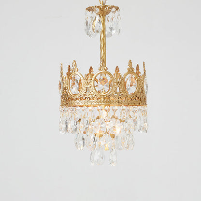Traditional French Round Crown Diamond Crystal Brass Frame 1-Light Pendant Light For Living Room