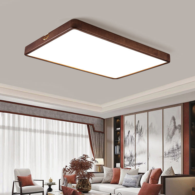 Traditional Chinese Square Rectangle Walnut Grain Rubber Wood Hardware PVC Shade LED Flush Mount Ceiling Light For Living Room