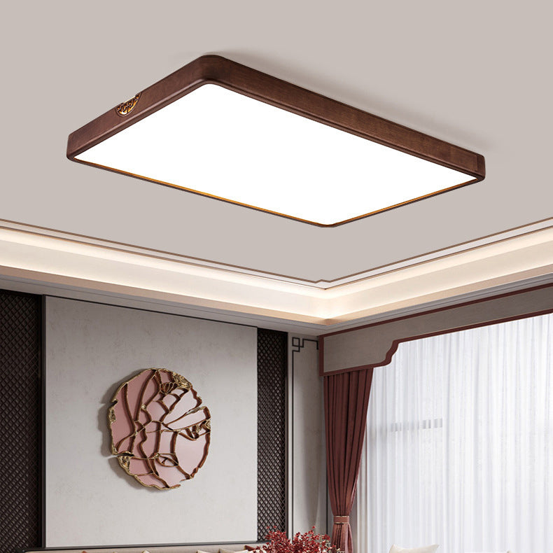 Traditional Chinese Square Rectangle Walnut Grain Rubber Wood Hardware PVC Shade LED Flush Mount Ceiling Light For Living Room