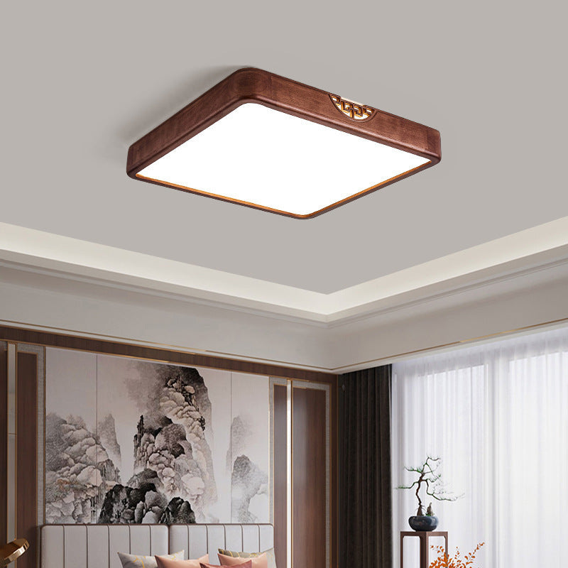 Traditional Chinese Square Rectangle Walnut Grain Rubber Wood Hardware PVC Shade LED Flush Mount Ceiling Light For Living Room