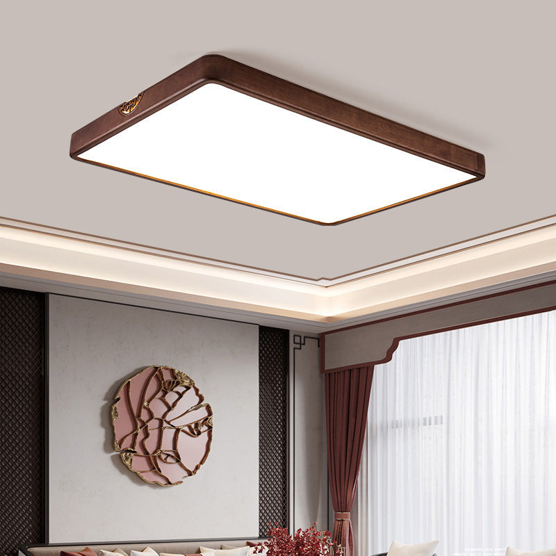 Traditional Chinese Square Rectangle Walnut Grain Rubber Wood Hardware PVC Shade LED Flush Mount Ceiling Light For Living Room