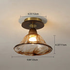 Modern Mid-Century Round Quadrilateral Lace Rubber Wood Iron Glass 1-Light Semi-Flush Mount Ceiling Light For Living Room