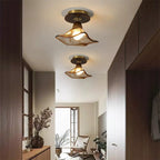 Modern Mid-Century Round Quadrilateral Lace Rubber Wood Iron Glass 1-Light Semi-Flush Mount Ceiling Light For Living Room