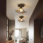 Modern Mid-Century Round Quadrilateral Lace Rubber Wood Iron Glass 1-Light Semi-Flush Mount Ceiling Light For Living Room