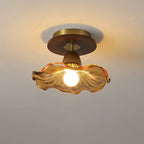 Modern Mid-Century Round Quadrilateral Lace Rubber Wood Iron Glass 1-Light Semi-Flush Mount Ceiling Light For Living Room