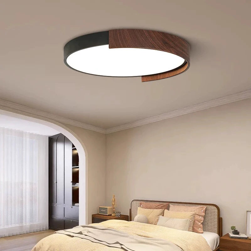 Contemporary Retro Round Wood Grain Iron Frame Acrylic LED Flush Mount Ceiling Light for Bedroom