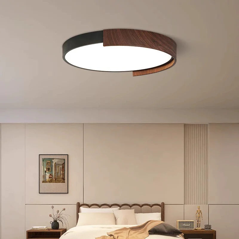 Contemporary Retro Round Wood Grain Iron Frame Acrylic LED Flush Mount Ceiling Light for Bedroom