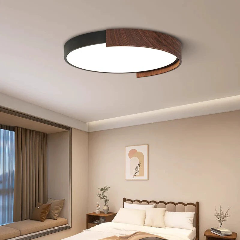 Contemporary Retro Round Wood Grain Iron Frame Acrylic LED Flush Mount Ceiling Light for Bedroom