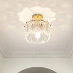 Traditional French Round Lace Full Copper Frame Glass Shade 1-Light Semi-Flush Mount Ceiling Light For Living Room