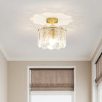 Traditional French Round Lace Full Copper Frame Glass Shade 1-Light Semi-Flush Mount Ceiling Light For Living Room