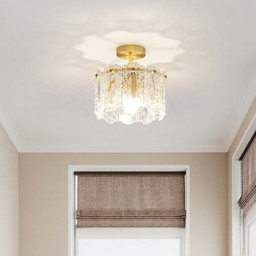 Traditional French Round Lace Full Copper Frame Glass Shade 1-Light Semi-Flush Mount Ceiling Light For Living Room