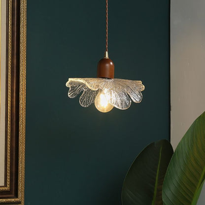 Traditional Vintage Floral Brass Wood Glass Shade 1-Light Pendant Light For Living Room