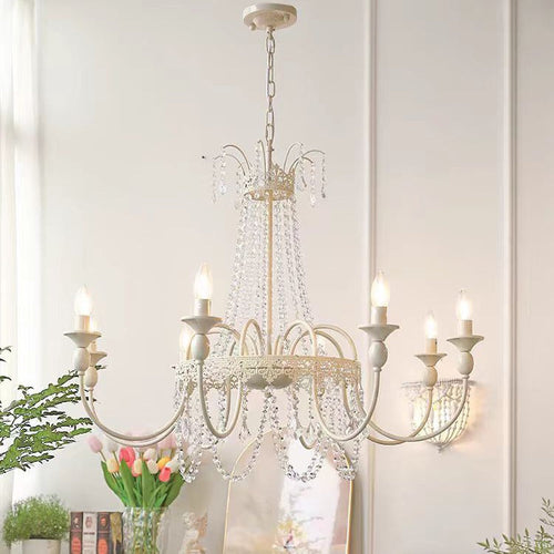 Traditional French Curved Rod Branch Candelabra Iron Frame Crystal 4/6/8 Light Chandelier for Living Room