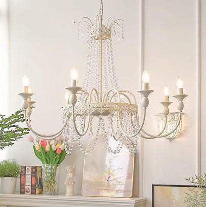Traditional French Curved Rod Branch Candelabra Iron Frame Crystal 4/6/8 Light Chandelier for Living Room