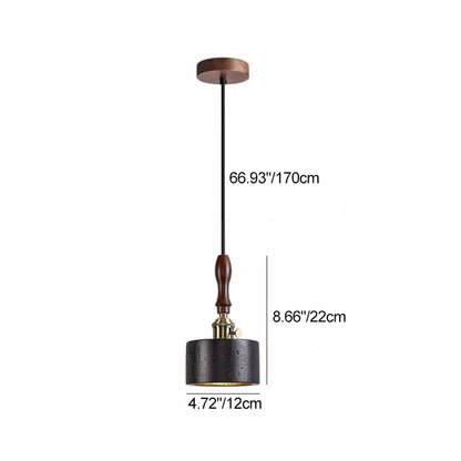 Modern Art Deco Round Copper Solid Wood Black Travertine 1-Light Pendant Light For Bedroom