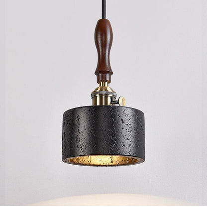 Modern Art Deco Round Copper Solid Wood Black Travertine 1-Light Pendant Light For Bedroom