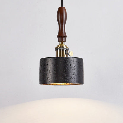 Modern Art Deco Round Copper Solid Wood Black Travertine 1-Light Pendant Light For Bedroom