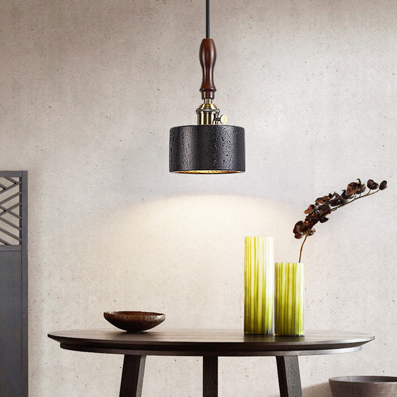 Modern Art Deco Round Copper Solid Wood Black Travertine 1-Light Pendant Light For Bedroom