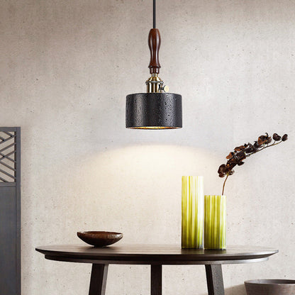 Modern Art Deco Round Copper Solid Wood Black Travertine 1-Light Pendant Light For Bedroom