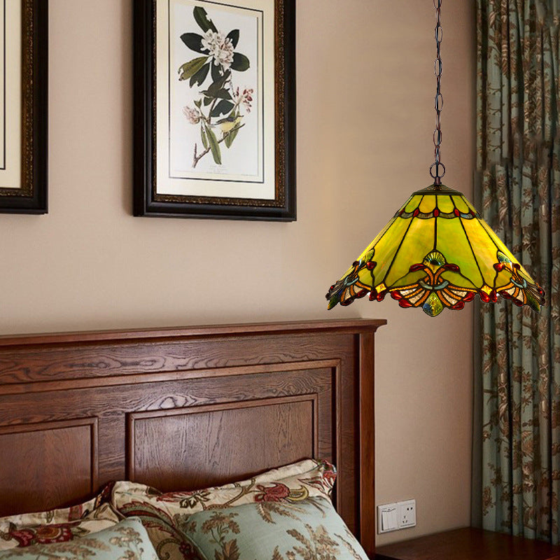 Traditional Tiffany Cone Butterfly Dragonfly Metal Stained Glass 1-Light Pendant Light For Living Room