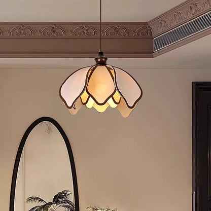 Traditional French Multi Layered Petal Fabric Shade Wood 1-Light Pendant Light For Living Room