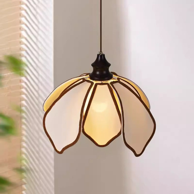 Traditional French Multi Layered Petal Fabric Shade Wood 1-Light Pendant Light For Living Room