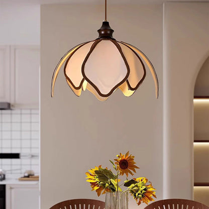 Traditional French Multi Layered Petal Fabric Shade Wood 1-Light Pendant Light For Living Room