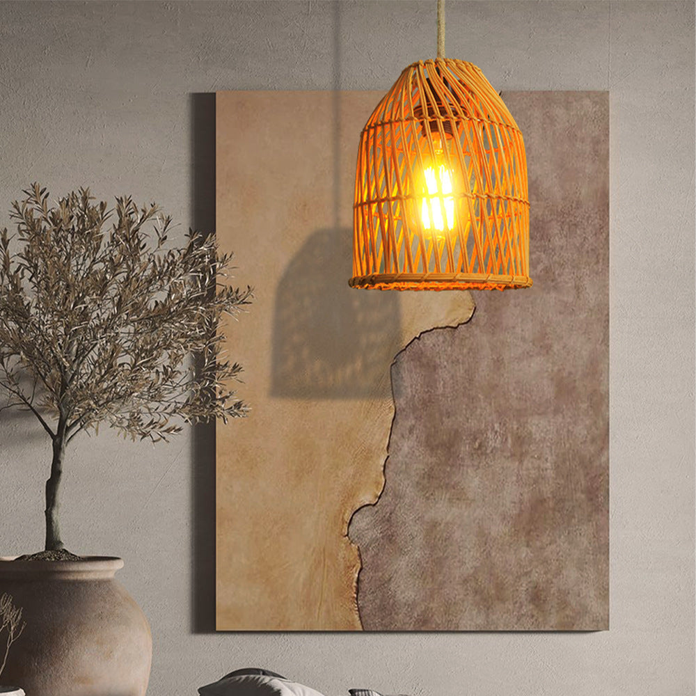 Traditional Chinese Round Cage Rattan 1-Light Pendant Light For Living Room