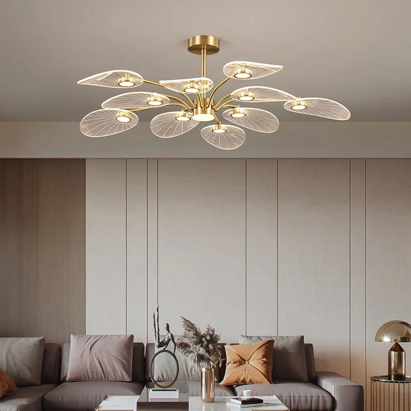 Contemporary Scandinavian Iron Round Branch Leaf Acrylic LED Semi-flush Mount Ceiling Light for Bedroom