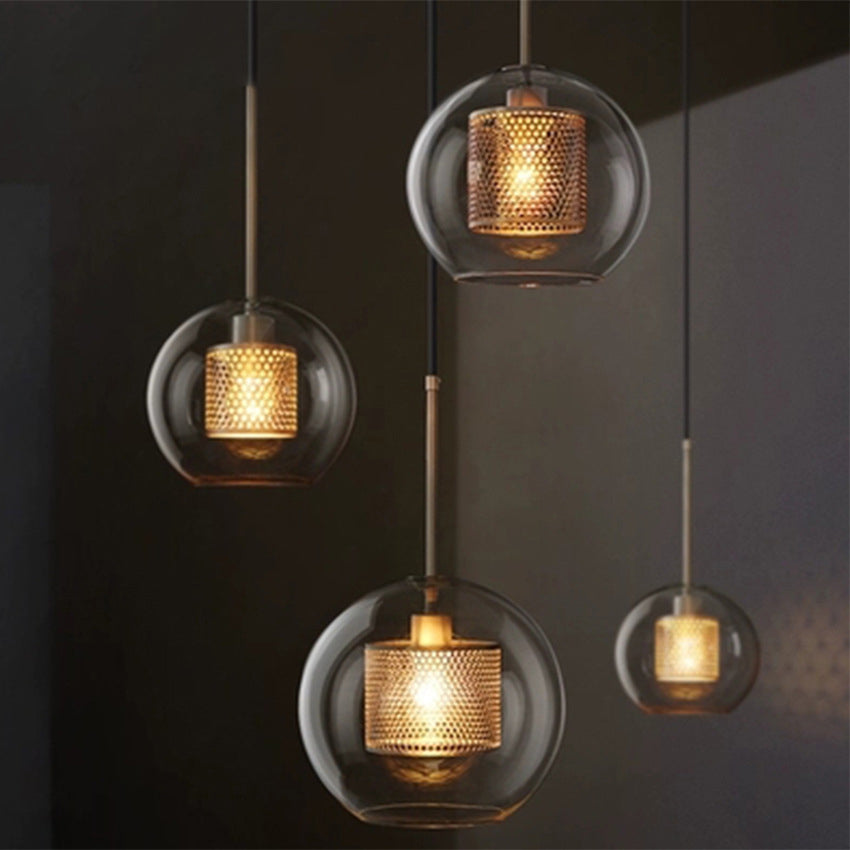 Contemporary Scandinavian Round Long Convex Ball Glass Iron 1-Light Pendant Light For Bedroom