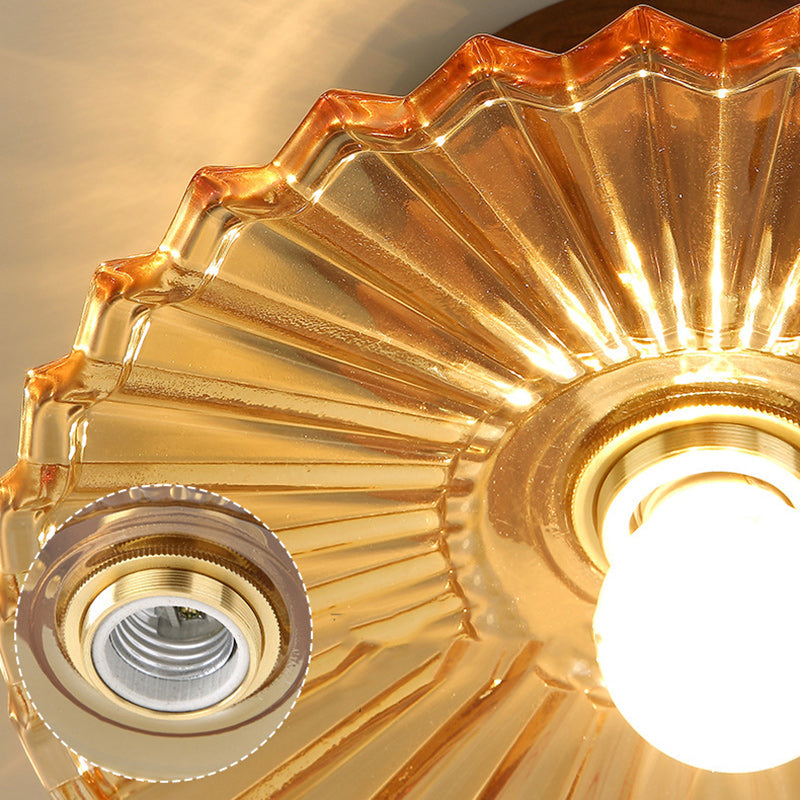 Traditional French Cone Wood Glass Copper 1-light Semi-flush Mount Ceiling Light for Living Room