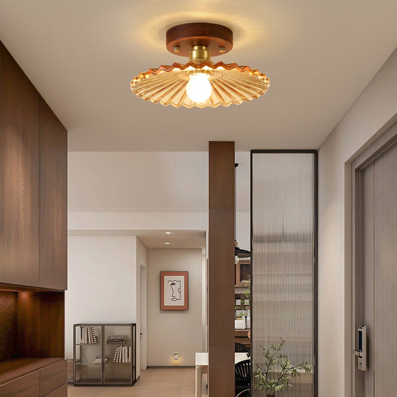 Traditional French Cone Wood Glass Copper 1-light Semi-flush Mount Ceiling Light for Living Room