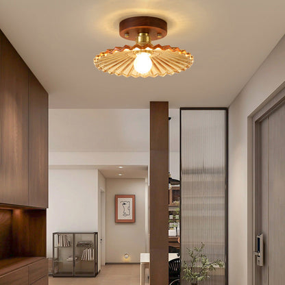 Traditional French Cone Wood Glass Copper 1-light Semi-flush Mount Ceiling Light for Living Room
