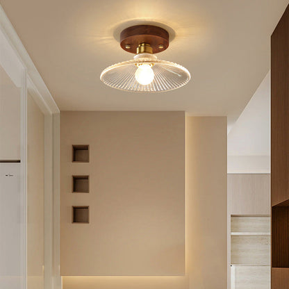 Traditional French Cone Wood Glass Copper 1-light Semi-flush Mount Ceiling Light for Living Room