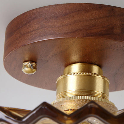 Traditional French Cone Wood Glass Copper 1-light Semi-flush Mount Ceiling Light for Living Room