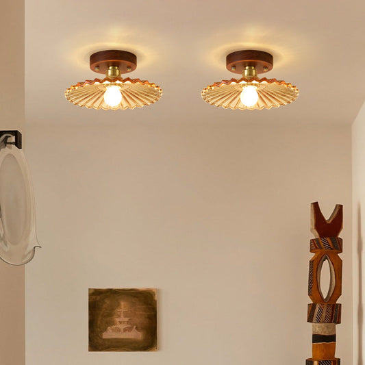 Traditional French Cone Wood Glass Copper 1-light Semi-flush Mount Ceiling Light for Living Room